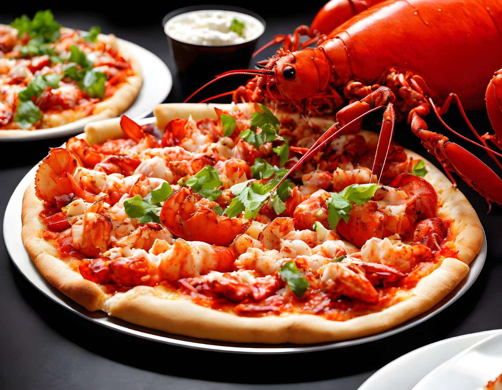 Seafood Pizza with Whole Lobster, Shrimp, and Greens on Dark Table