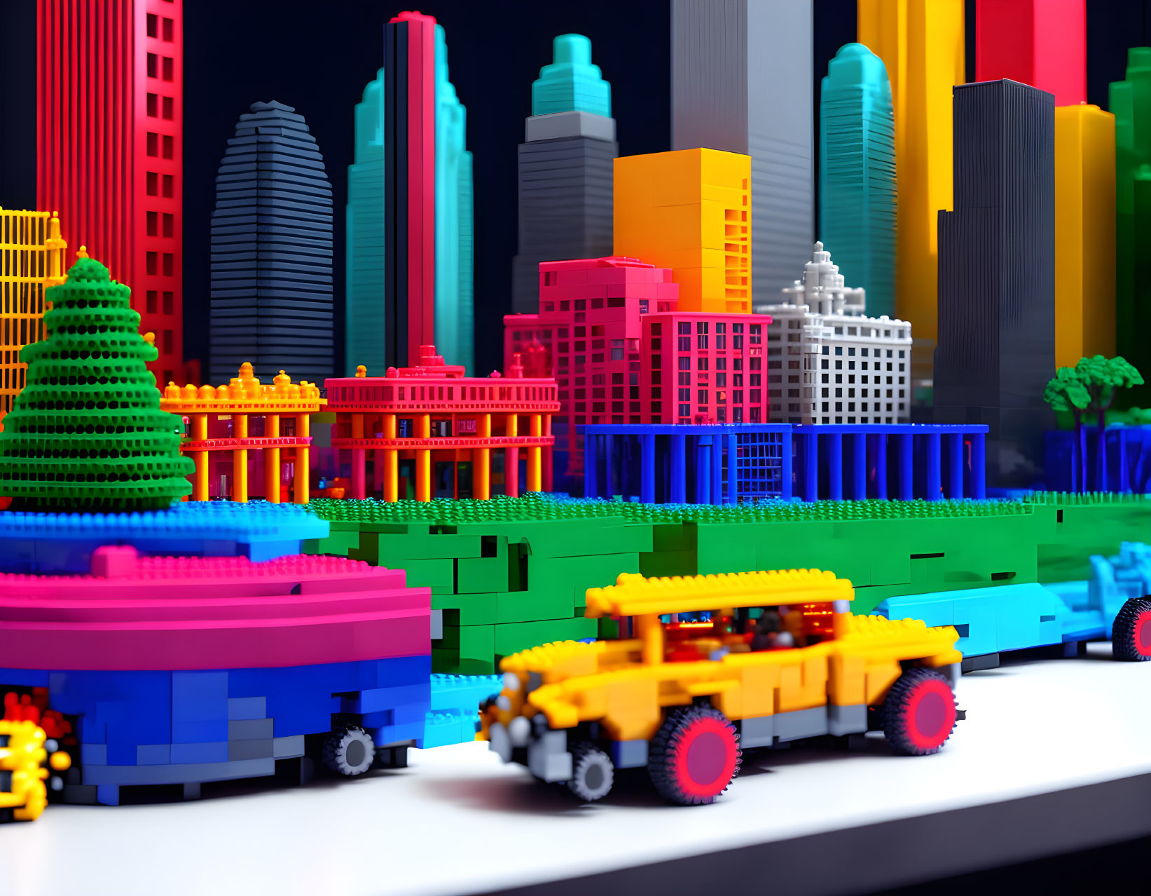 Colorful Lego cityscape with buildings and car.