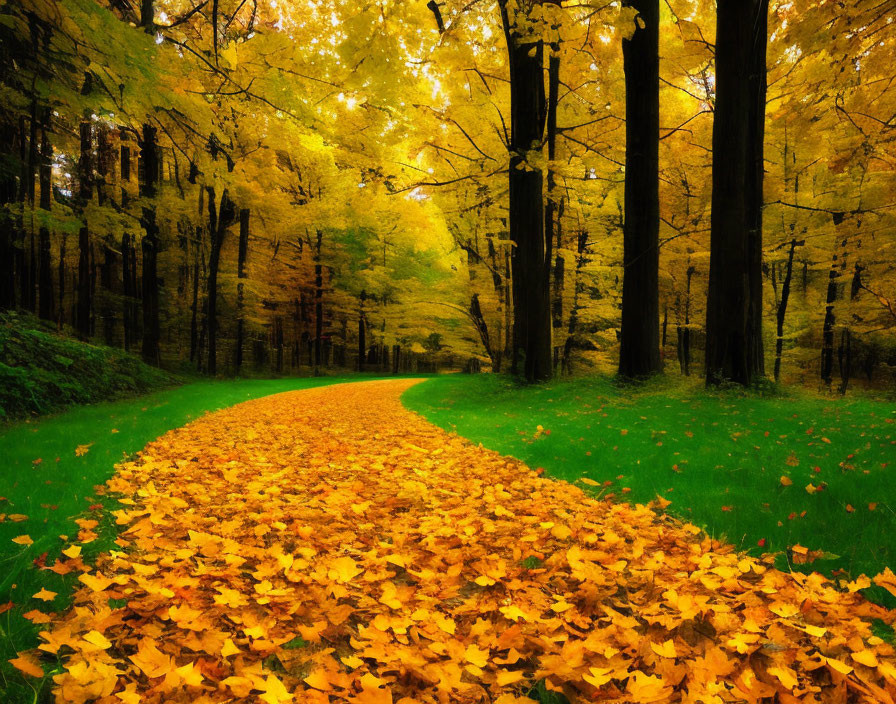 Golden autumn leaves cover winding forest path amid vibrant fall foliage