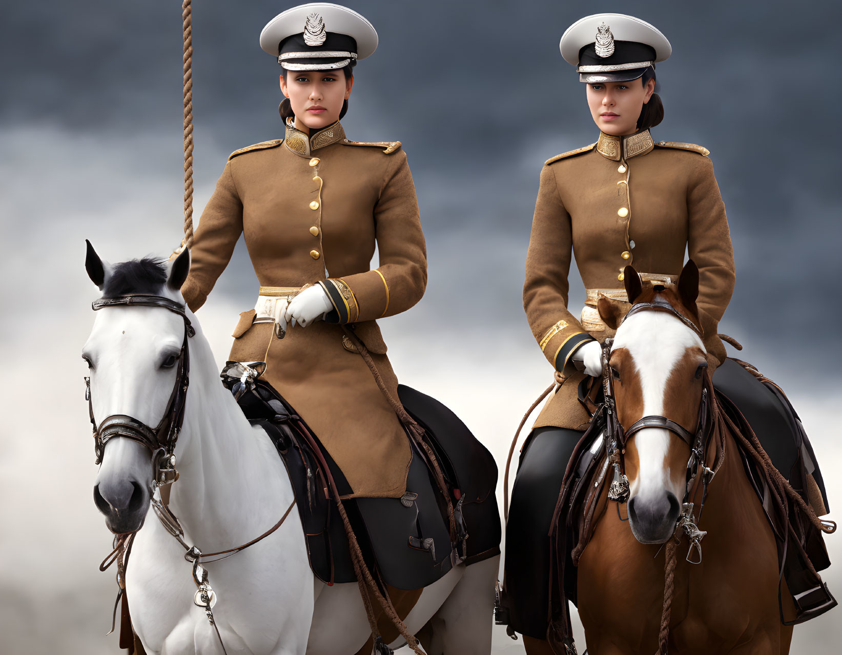 Two women in ceremonial military uniforms on white and brown horses under cloudy sky