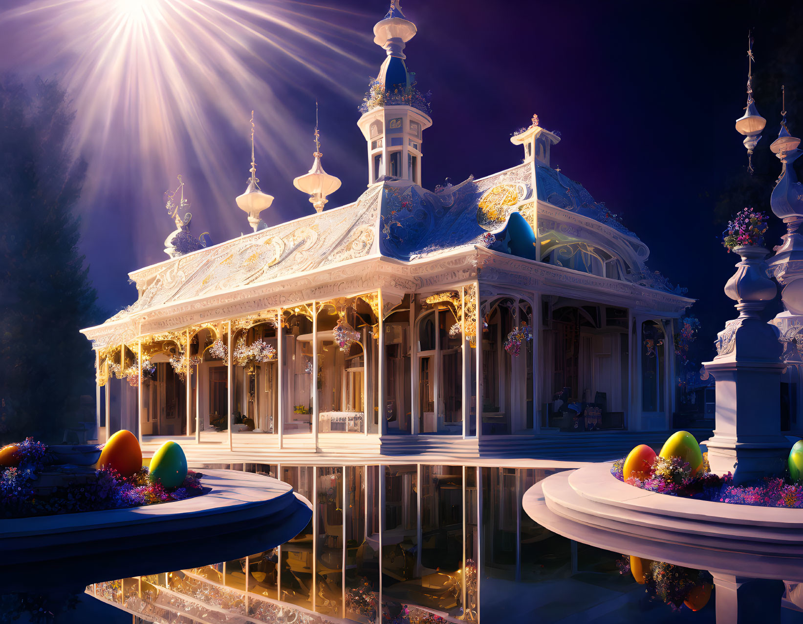 Ornate carousel with golden accents reflecting on calm water