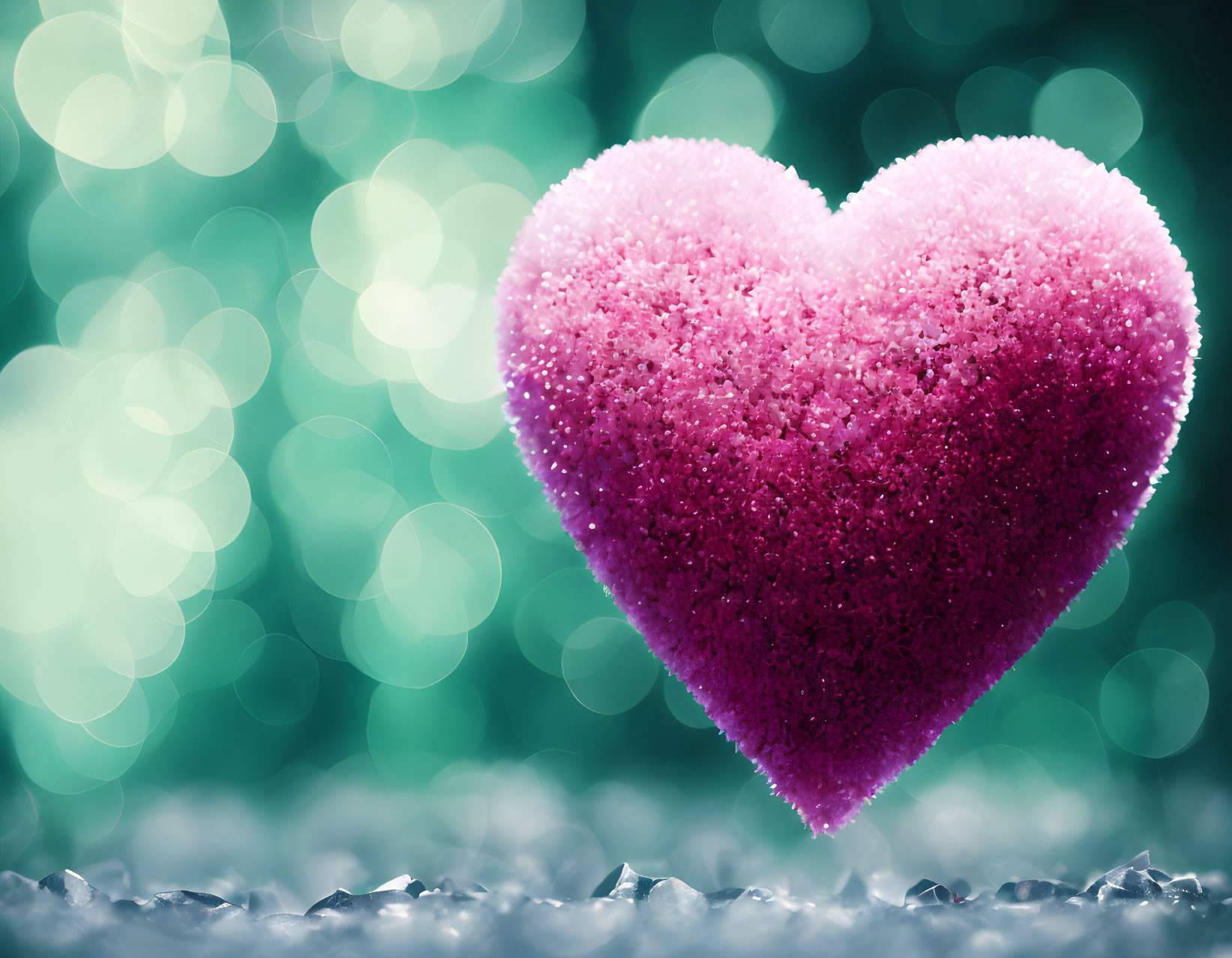 Textured Pink Heart Levitating on Sparkling Green Bokeh Background