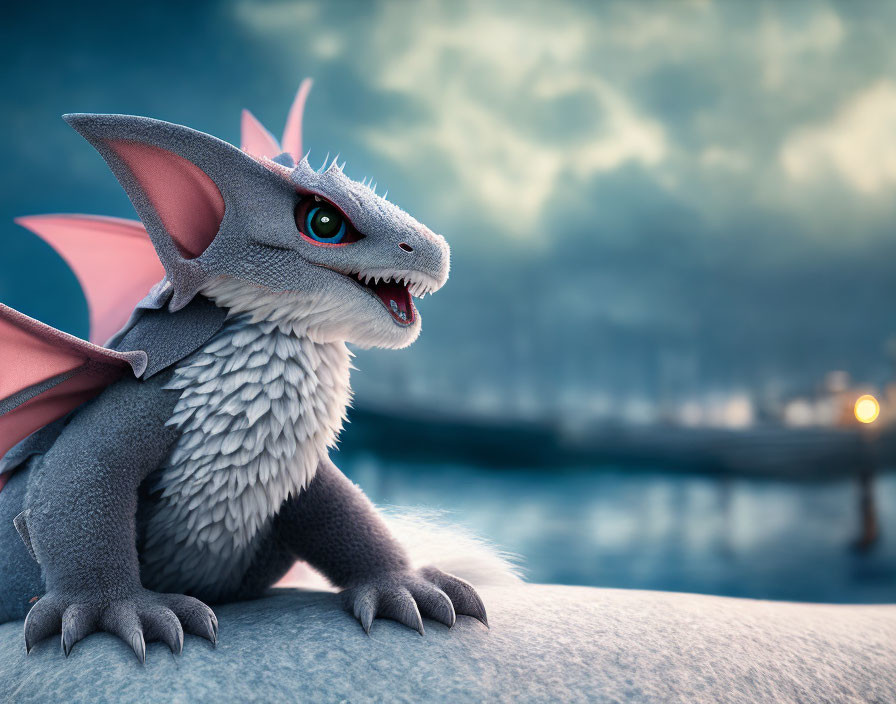 Digital illustration of grey dragon with blue eyes and pink wings on rock under cloudy sky.