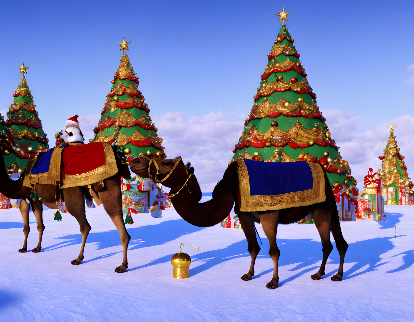 Decorated camels, panda in Santa hat, Christmas scene in snowy landscape