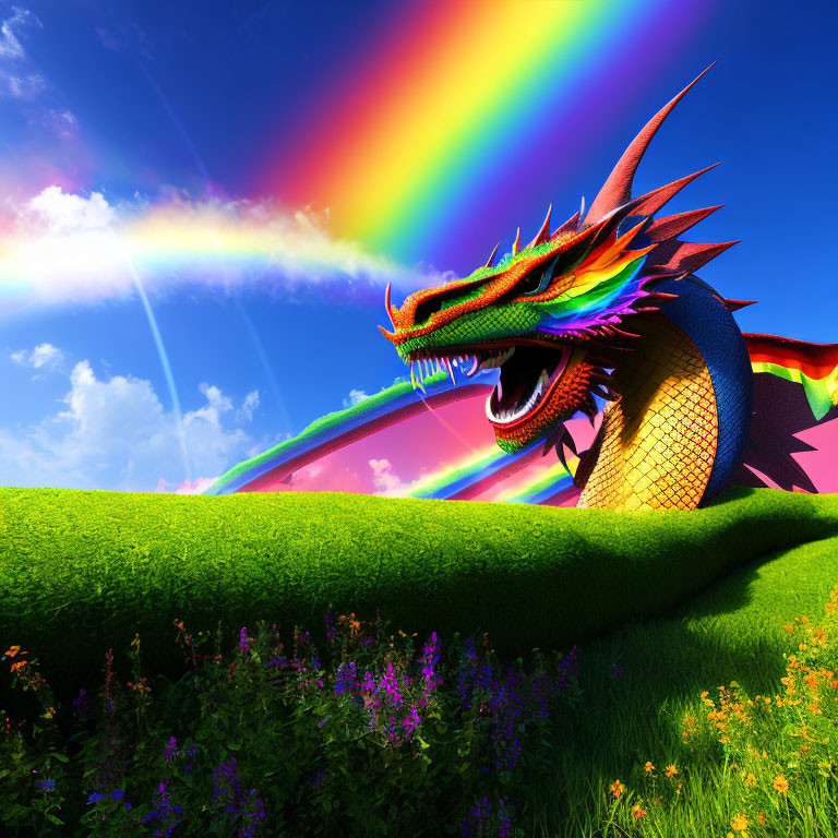 Colorful dragon with open jaws on grassy knoll under rainbow sky