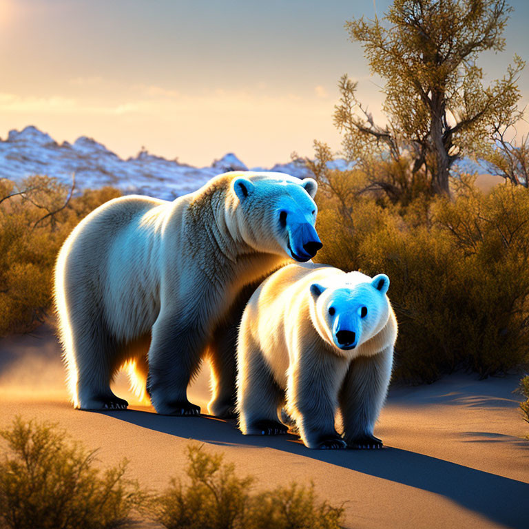 Polar bears on sandy path in snowy landscape