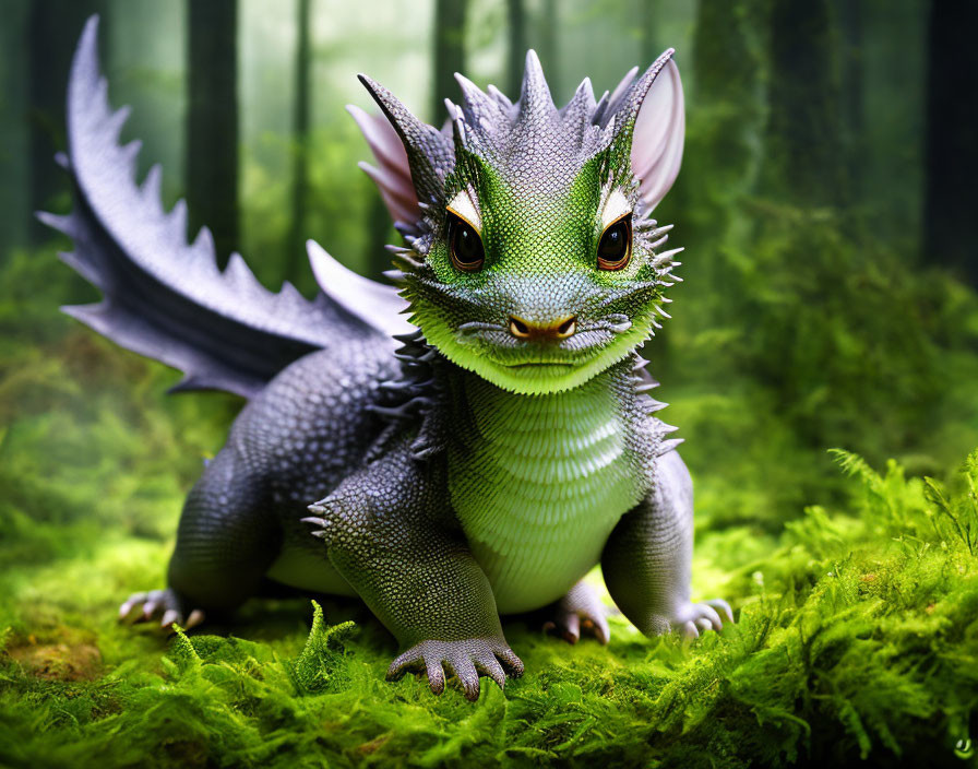 Green-eyed dragon with spikes and wings in forest setting