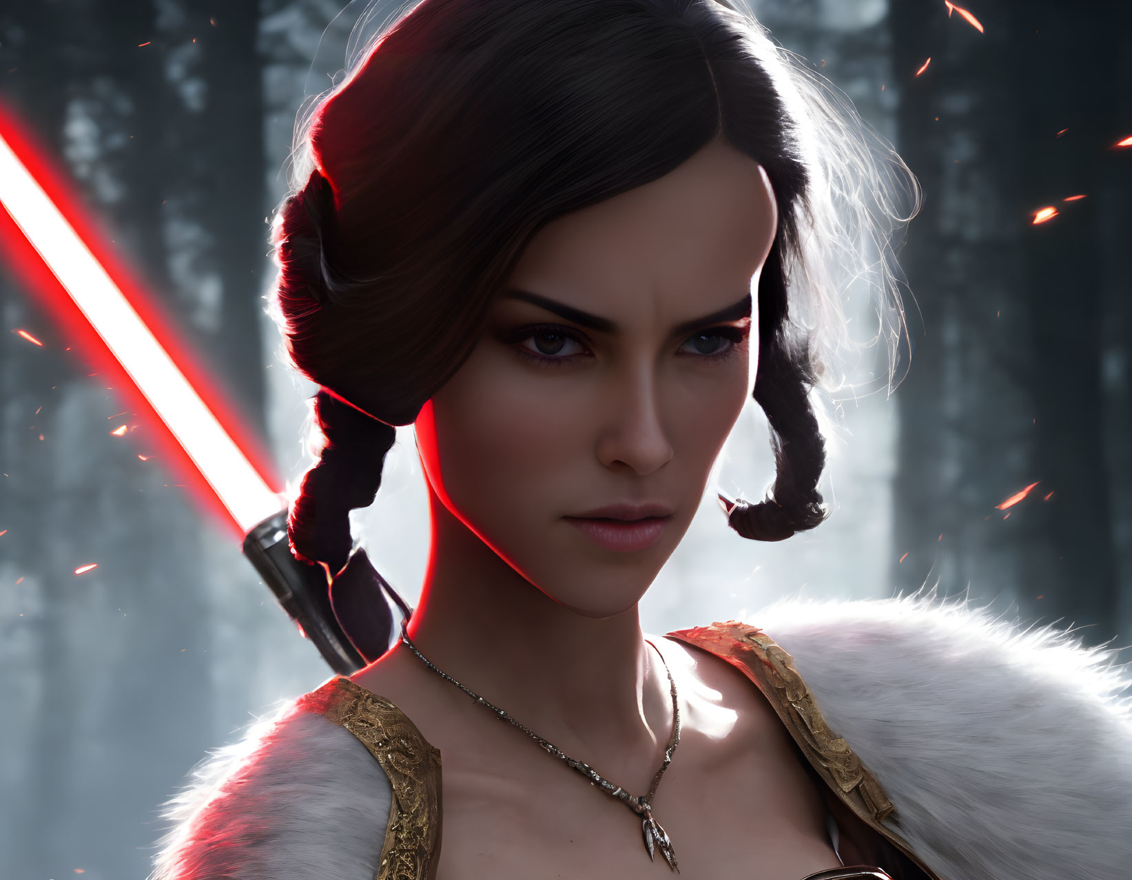 Determined woman with unique hair buns wields red lightsaber in misty forest