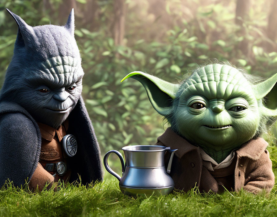 Animated characters resembling Yoda and a Wookiee sitting in lush forest with metal cup