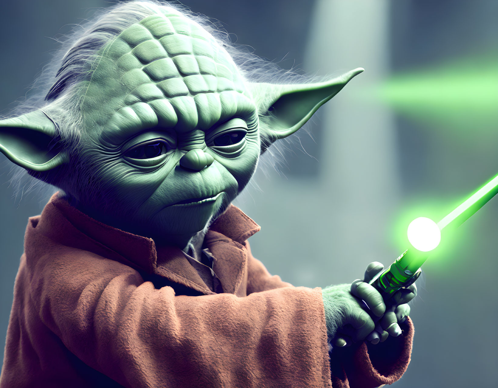 Detailed digital art of Yoda with green lightsaber & intense expression