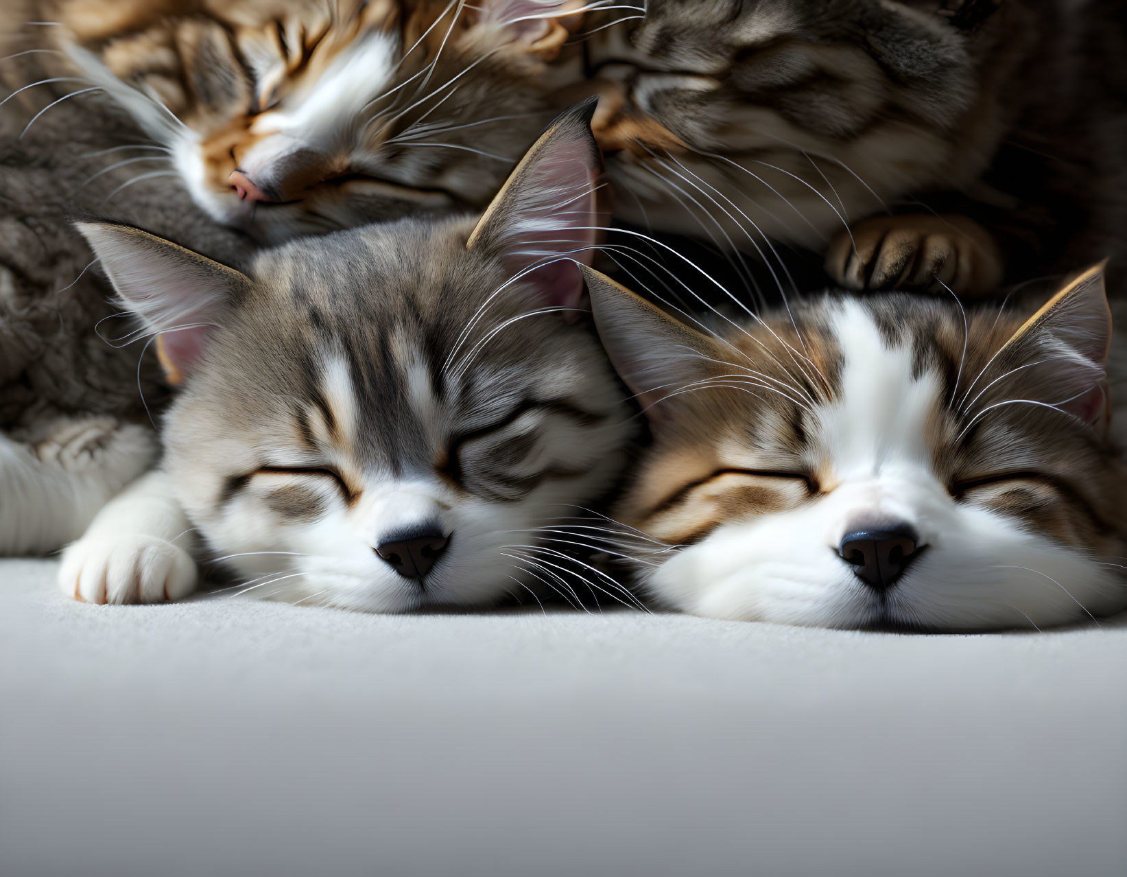 Four Cats Cuddling Peacefully with Closed Eyes