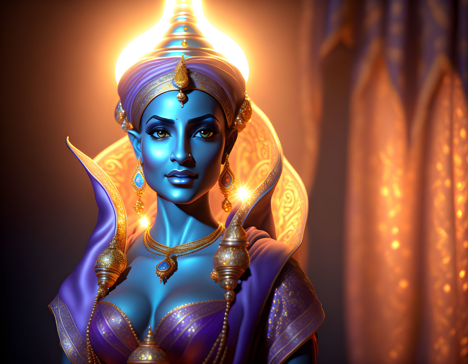 Blue-skinned female figure with golden jewelry and glowing orbs on warm background