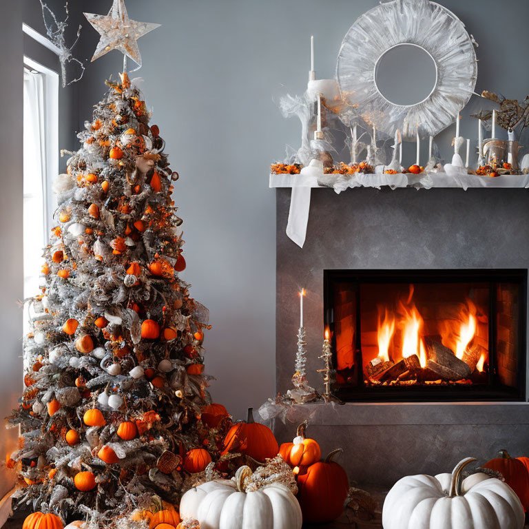 Festive Christmas tree with orange ornaments, pumpkins, fireplace with candles.