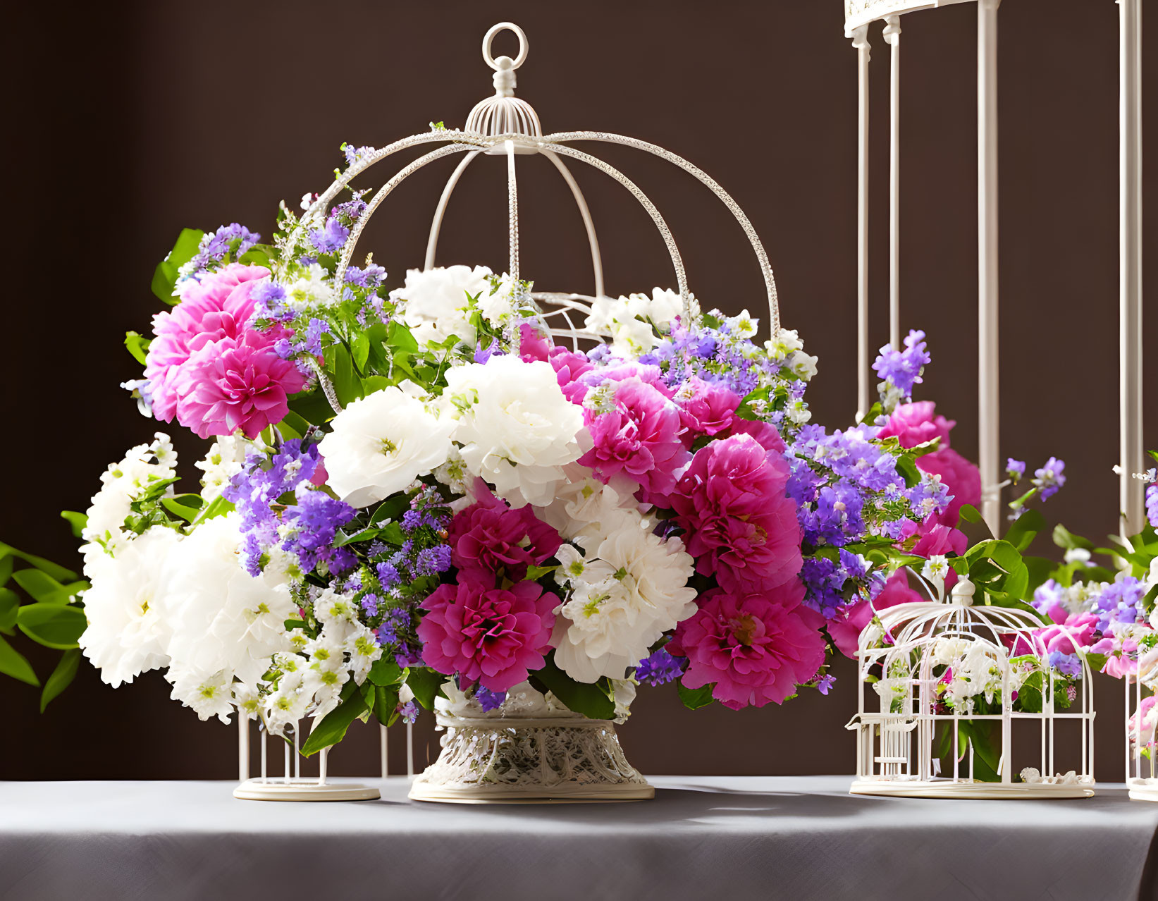 Pink and White Peonies with Purple Flowers in Birdcage Centerpiece