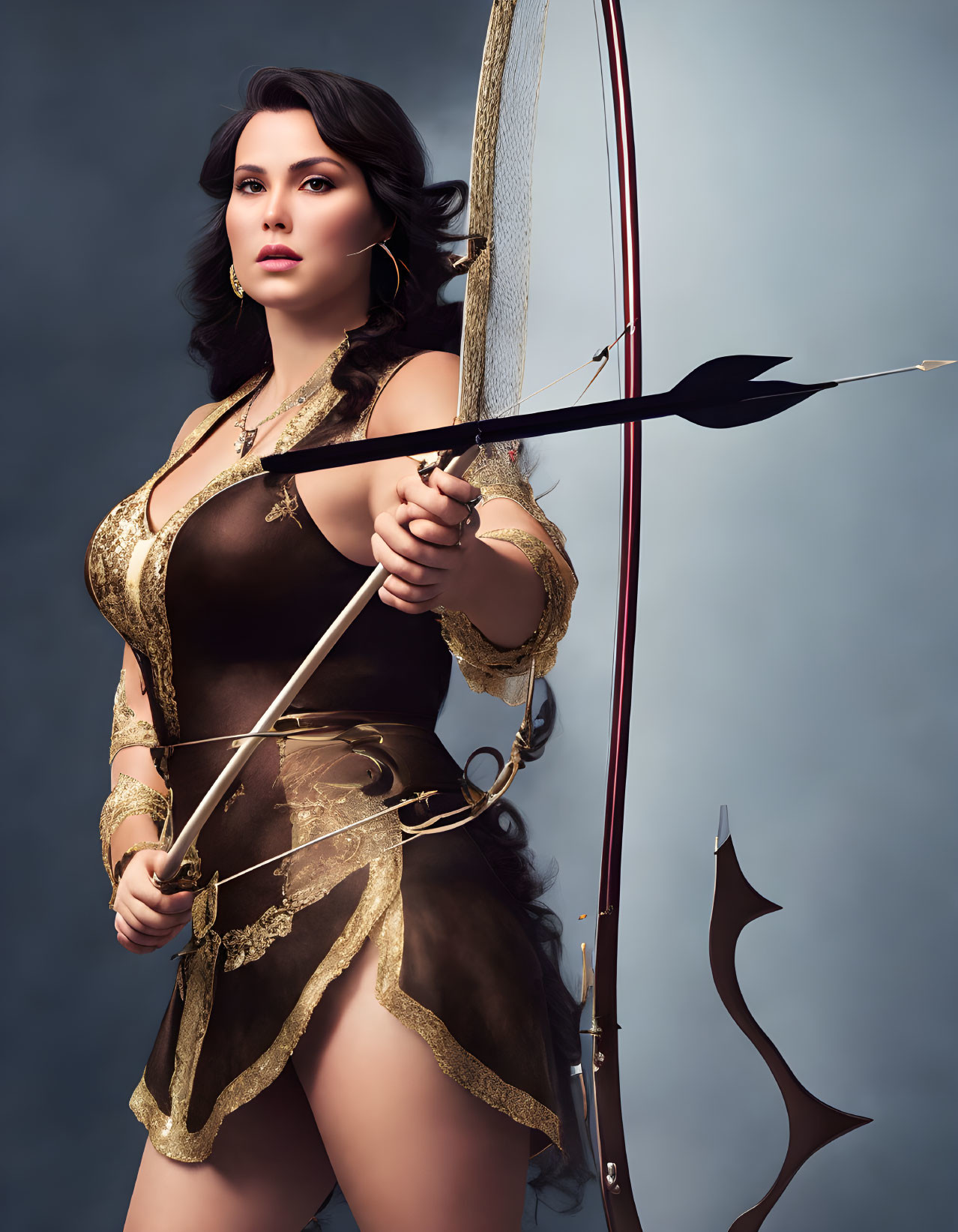 Confident woman in gold-accented black outfit with bow and arrow against blue-grey backdrop