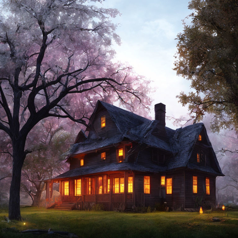 Cozy two-story wooden house with glowing windows amidst pink-flowered trees at dusk