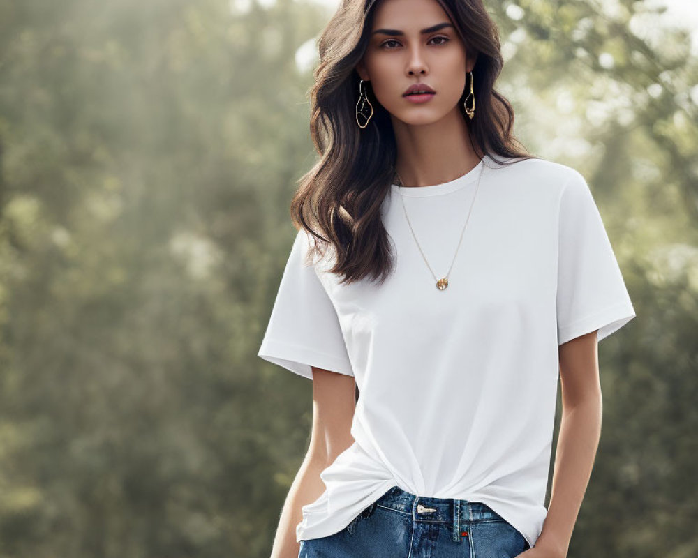 Dark-haired woman in white T-shirt and jeans outdoors with trees in background