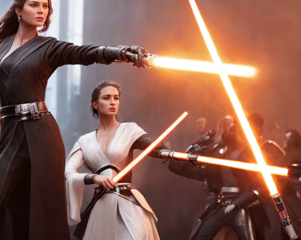 Women with lightsabers face adversaries in dramatic standoff