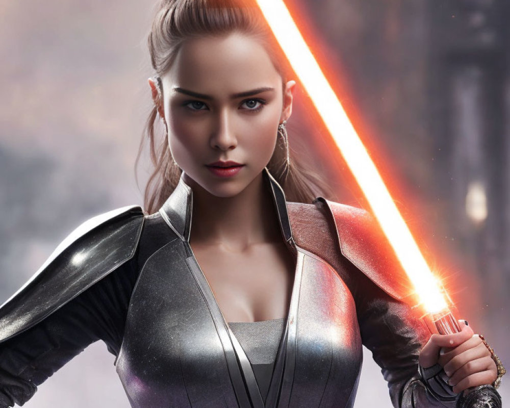 Confident woman in futuristic armor wields red lightsaber in atmospheric setting