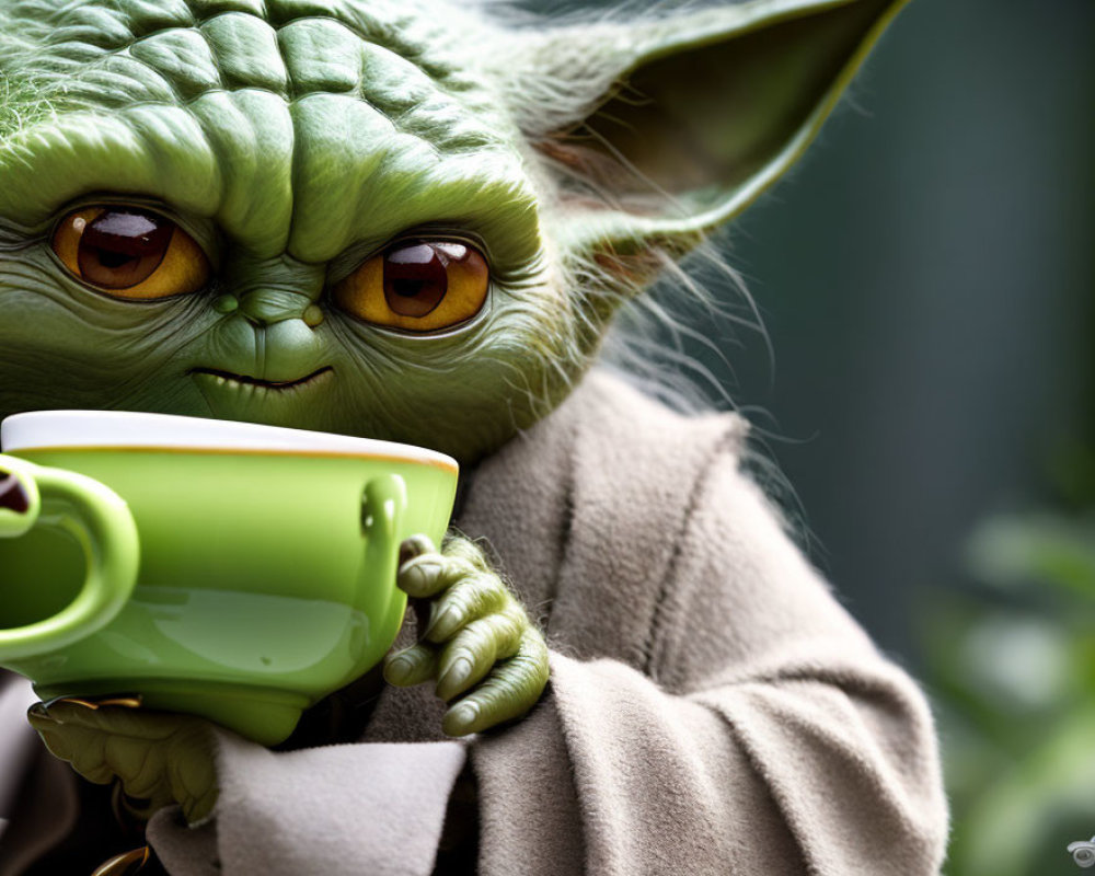 Detailed Yoda Character Holding Green Cup with Expressive Orange Eyes