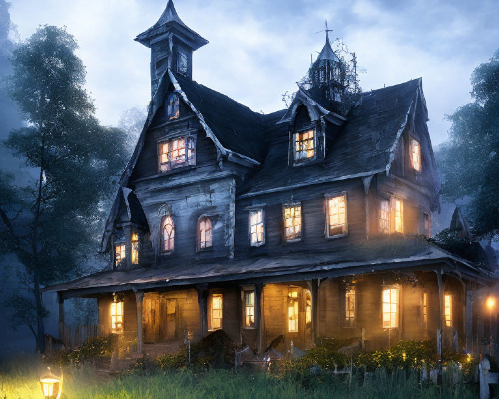 Dilapidated Victorian mansion at dusk with glowing lights and overgrown surroundings