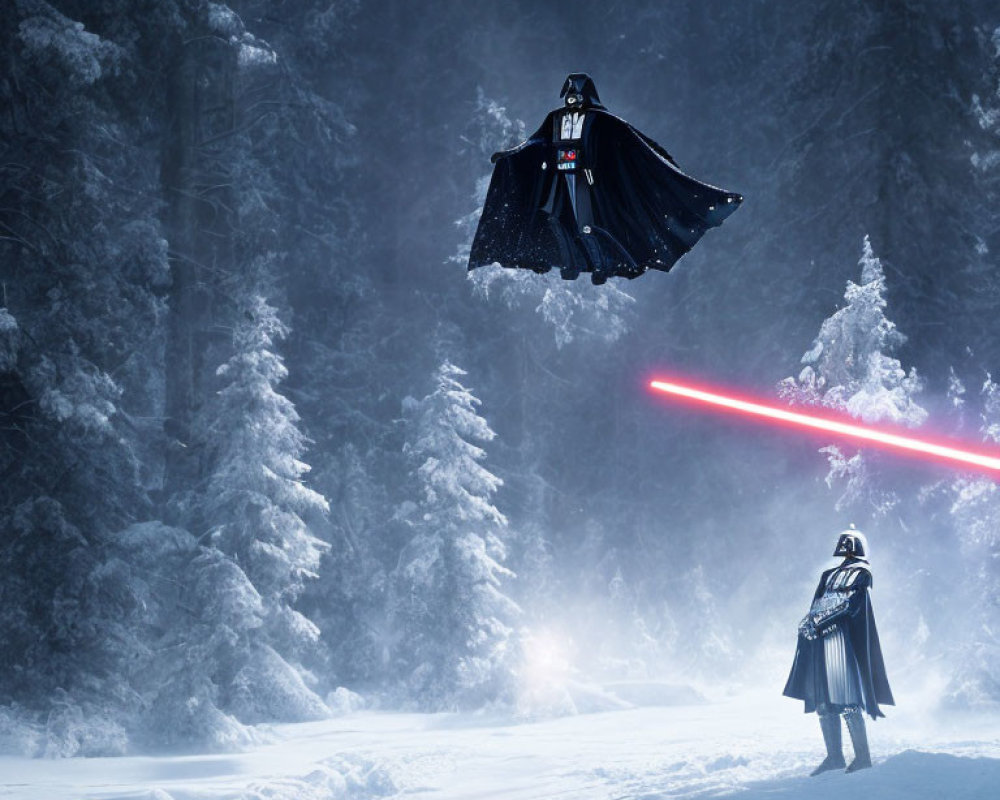 Levitating figure with red lightsaber in snowy forest faces grounded character