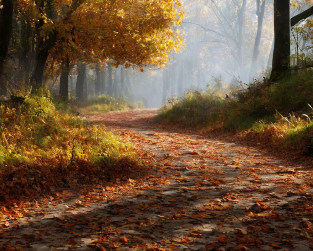 Autumnal forest path with golden leaves and fallen carpet.