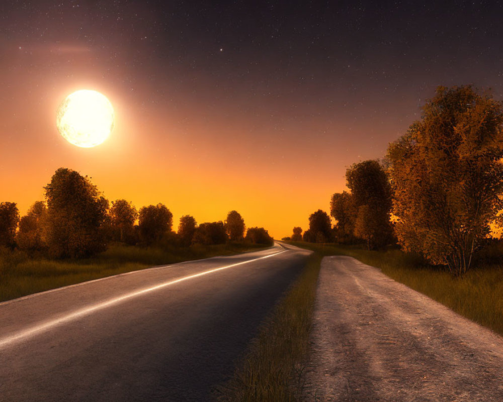 Full Moon Night Scene: Winding Road, Trees, Starry Sky