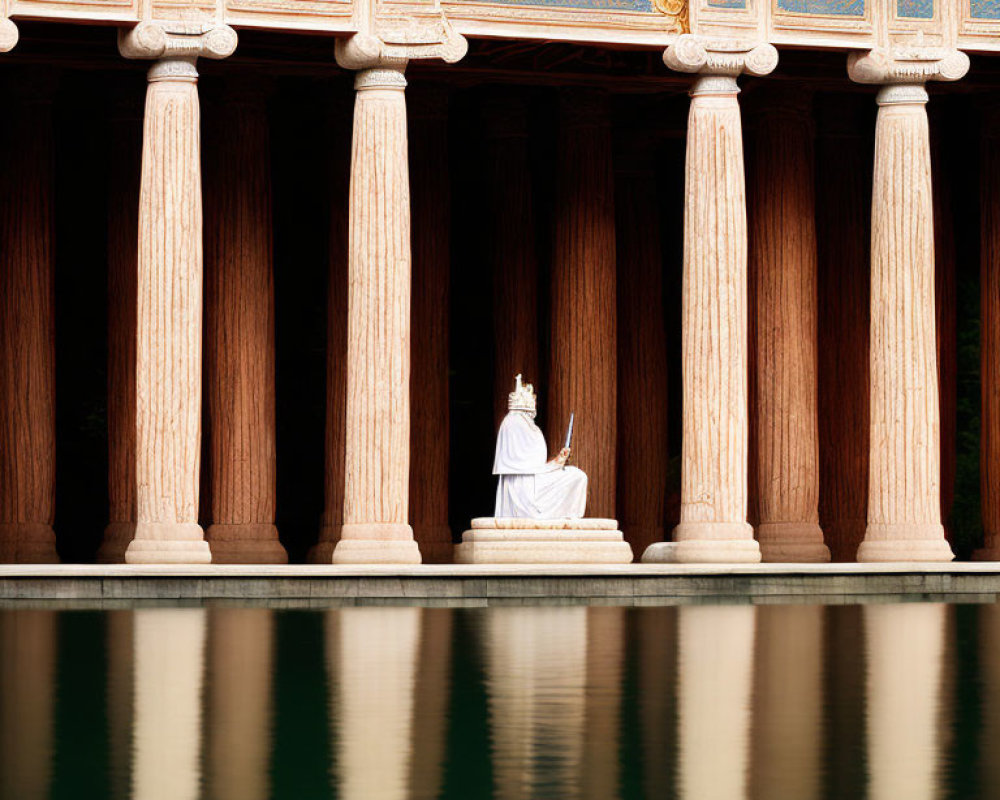 Seated figure statue with sword between ornate pillars reflected in water