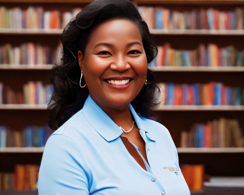 Smiling woman with curly hair in blue shirt by colorful bookshelf