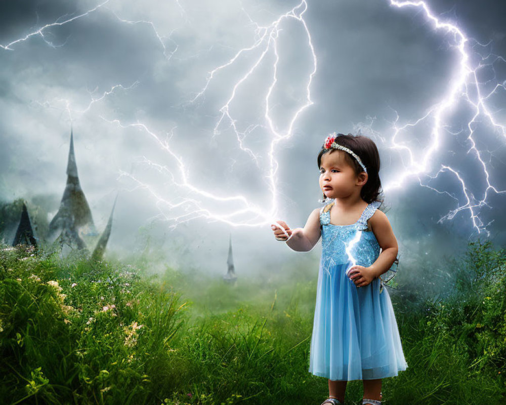 Young Girl in Blue Dress Stands in Misty Field with Lightning Strikes and Castle Spires