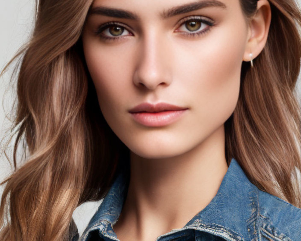 Woman with shoulder-length brown hair and hazel eyes in denim shirt and subtle makeup.