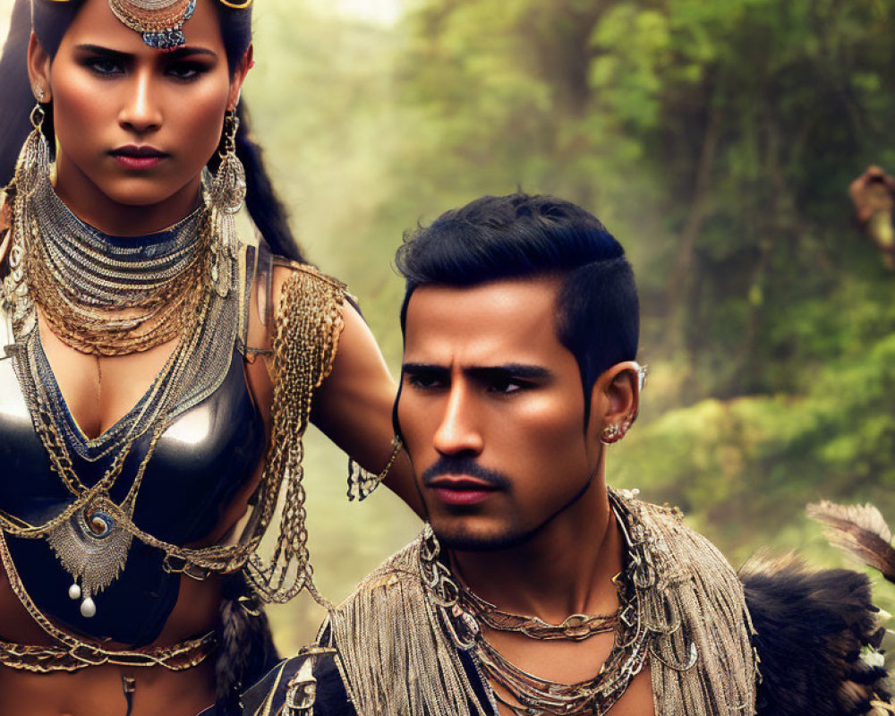 Man and woman in tribal attire display strength in forest setting