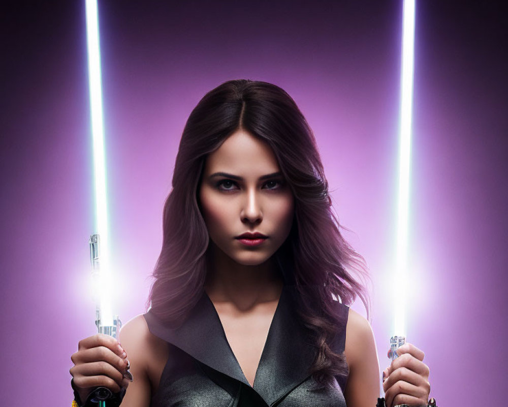 Woman holding crossed illuminated lightsabers on purple gradient background