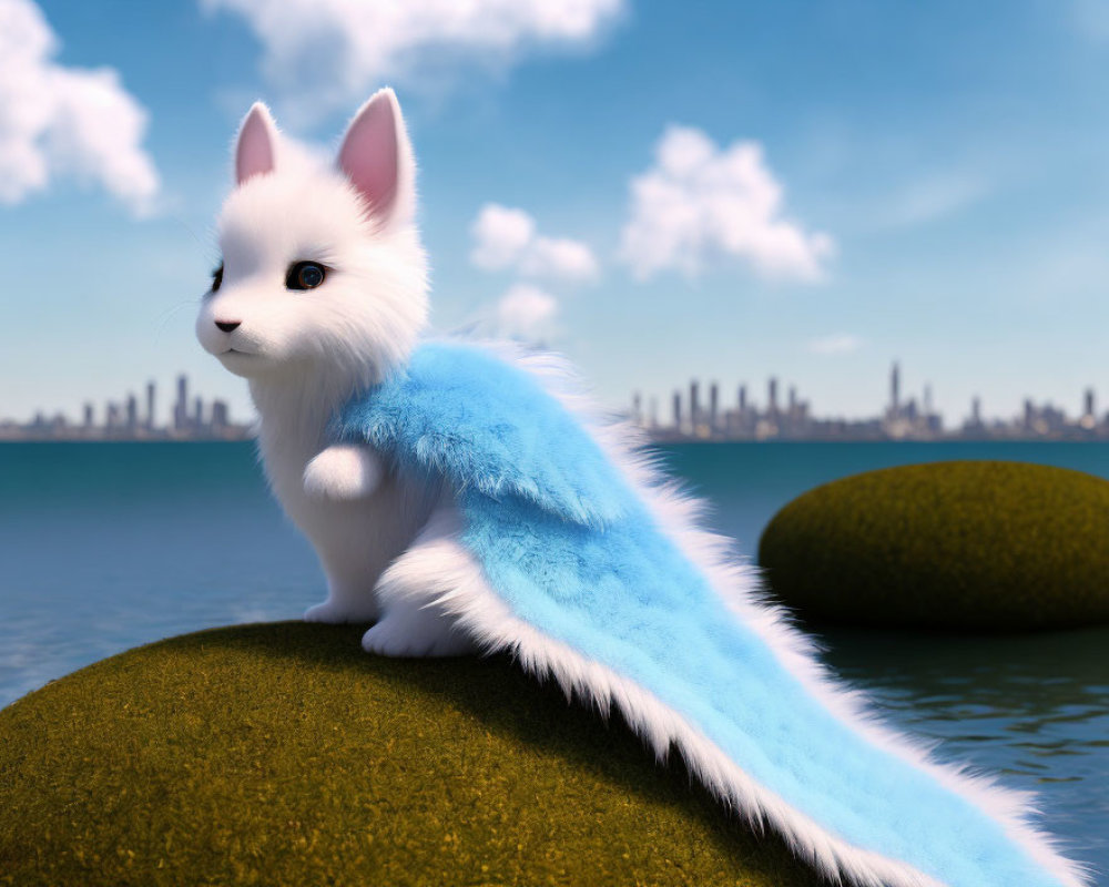 White fantasy kitten with blue cape on mossy rock overlooking city skyline.