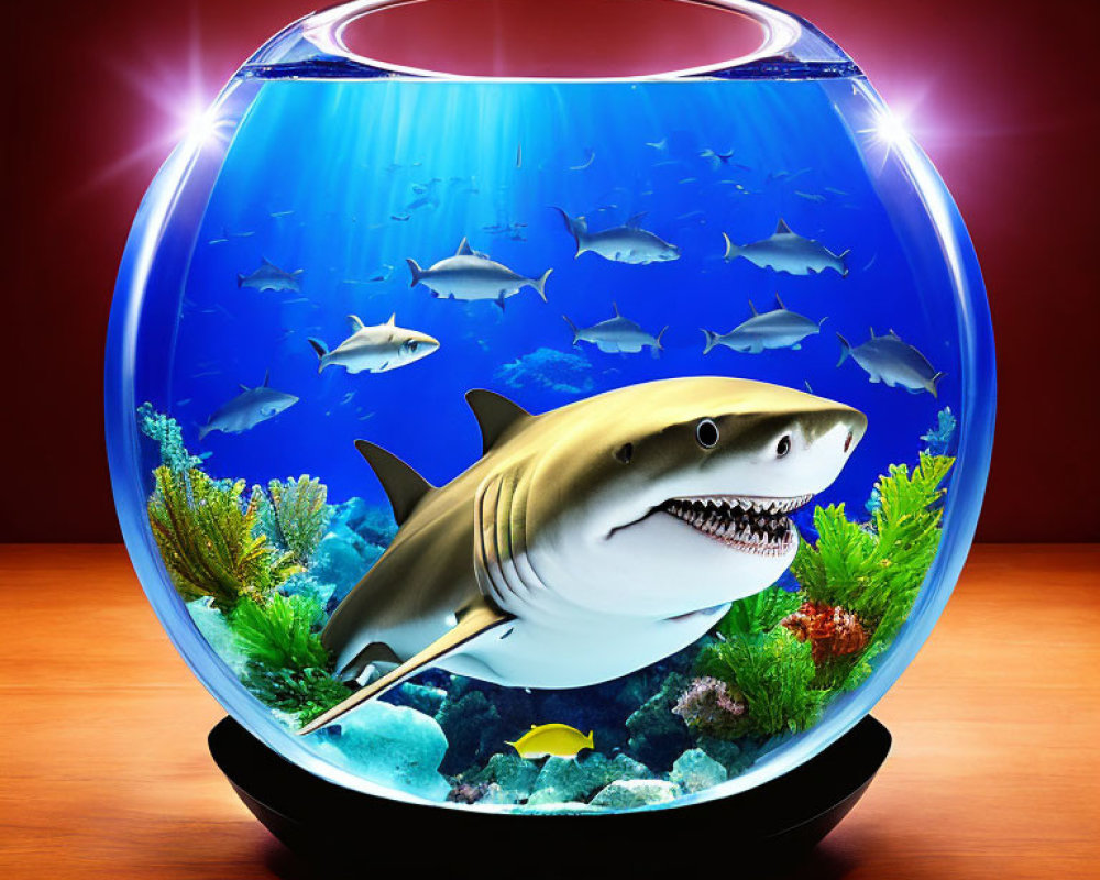 Surreal oversized shark in fishbowl with fish and coral on wooden surface