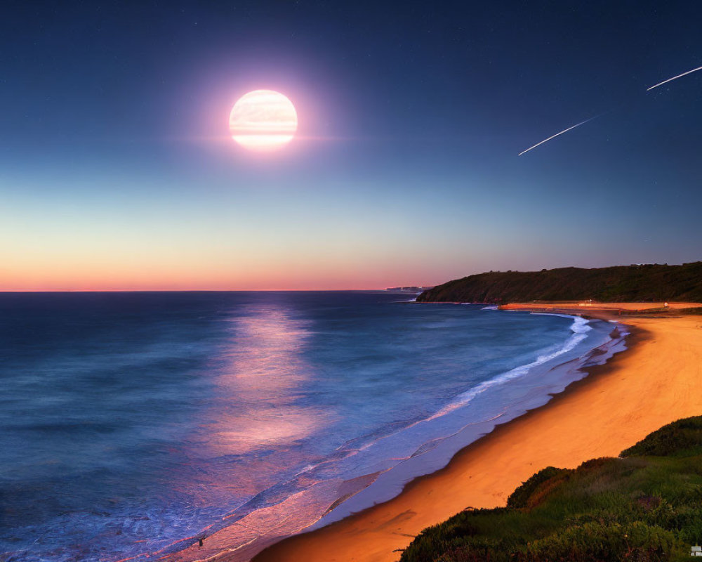 Tranquil Beach Scene: Red Moonrise, Starry Sky, Shooting Stars