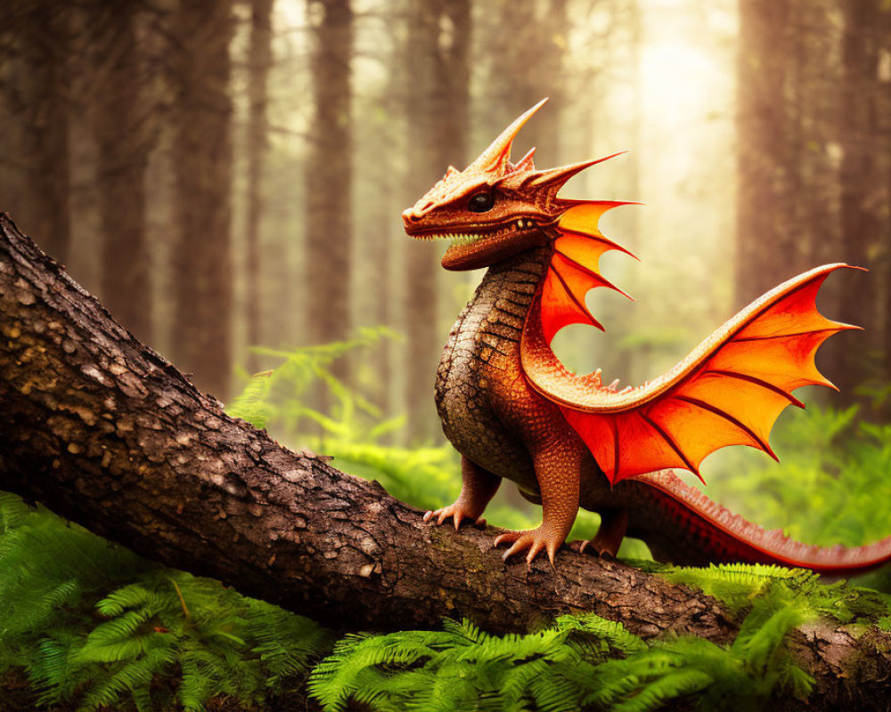 Majestic dragon on tree trunk in lush forest with sunlight.