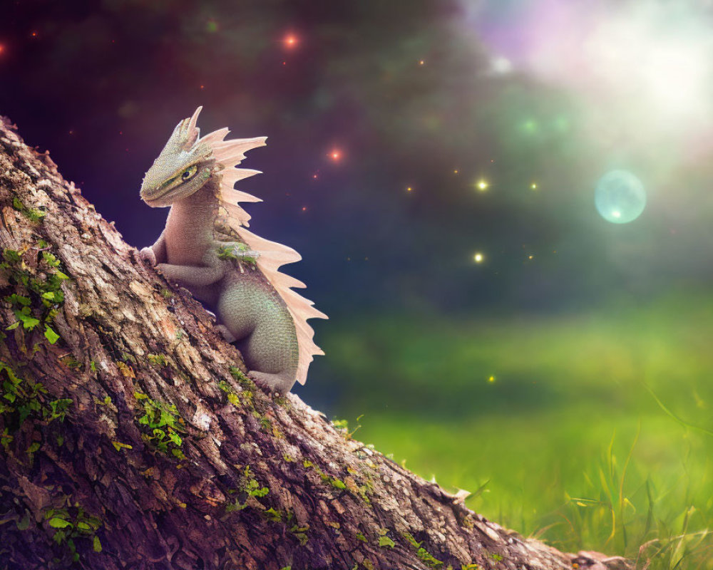 Whimsical dragon on tree trunk in magical forest