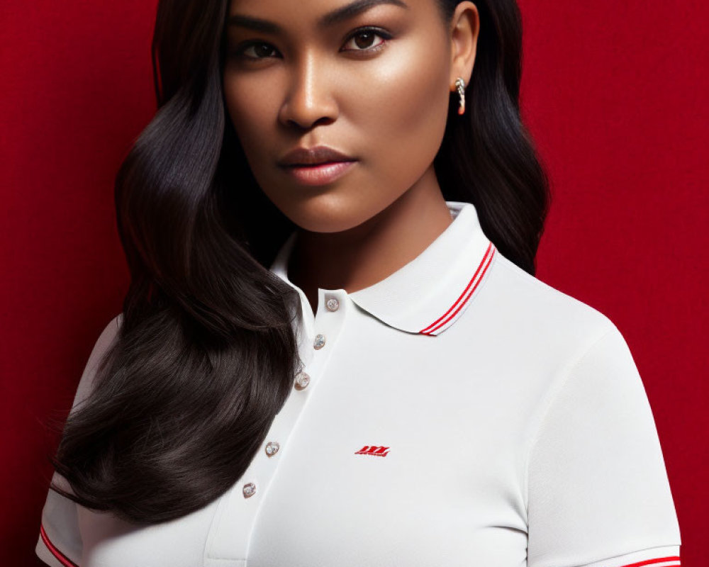 Long-haired woman in white shirt with red trim on red backdrop