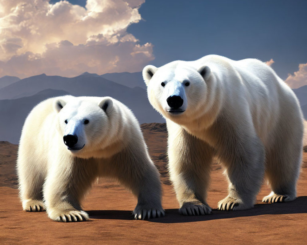 Polar bears in desert landscape under cloudy sky