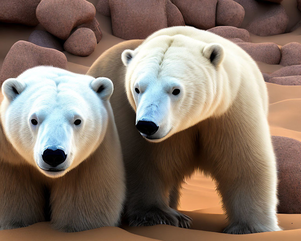 Realistic fur polar bears on sandy rocky background