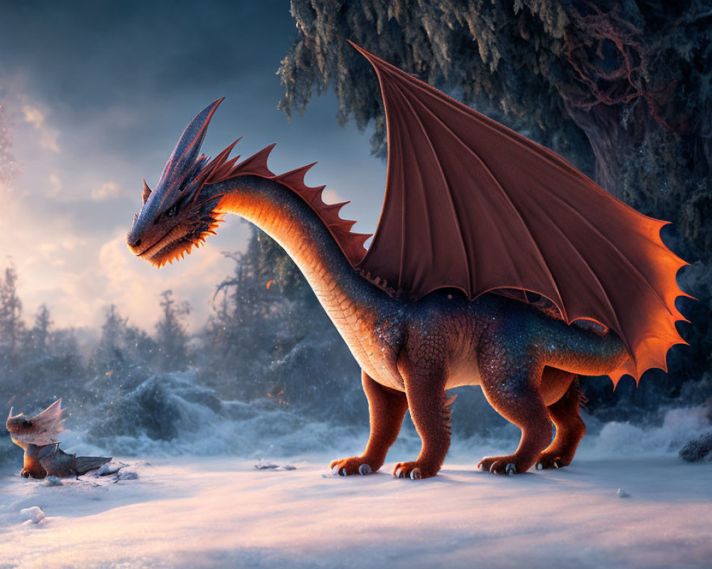 Red dragon with wings extended in snowy forest with smaller dragon.