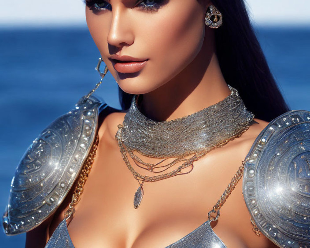 Detailed Warrior-Themed Woman Digital Artwork with Ocean Backdrop