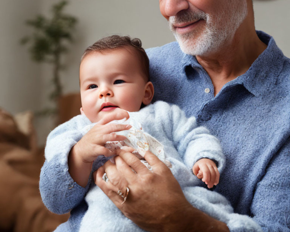 Elderly Man Smiling with Baby in Blue and White Attire