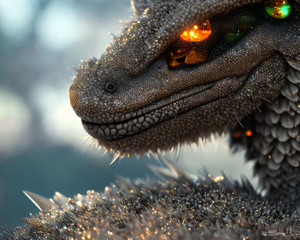 Detailed Dragon with Textured Scales and Glittering Dewdrops