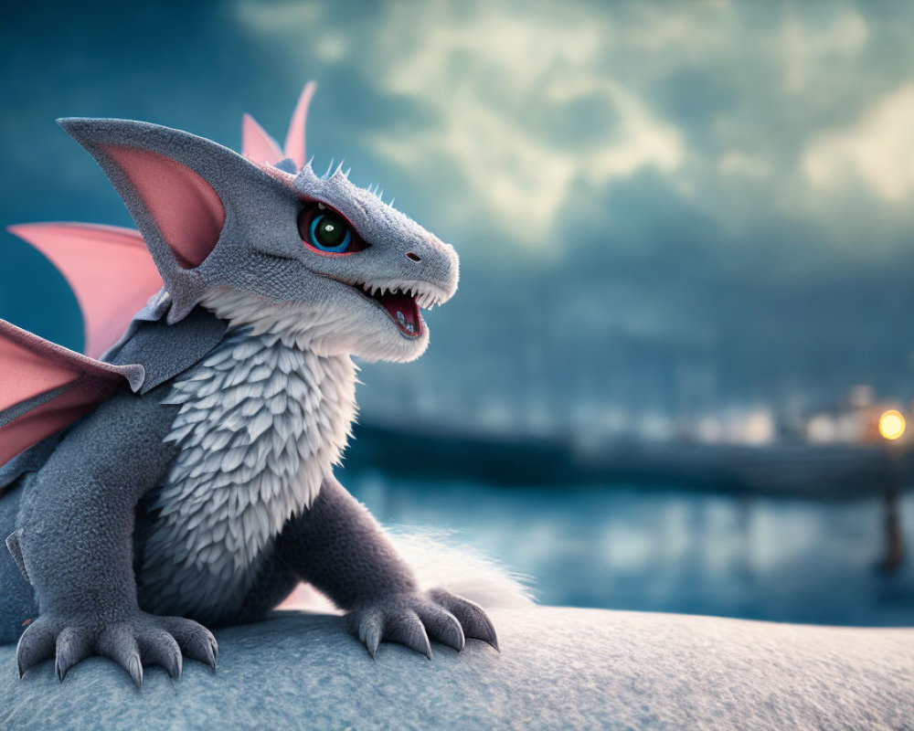 Digital illustration of grey dragon with blue eyes and pink wings on rock under cloudy sky.