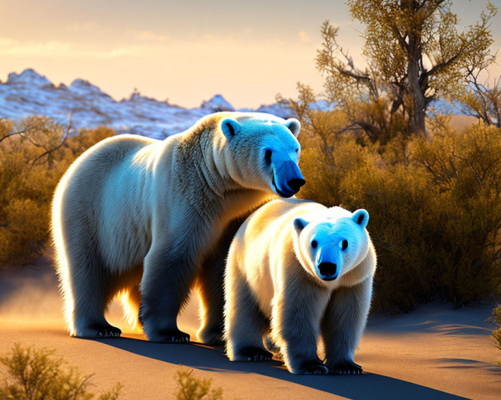 Polar bears on sandy path in snowy landscape