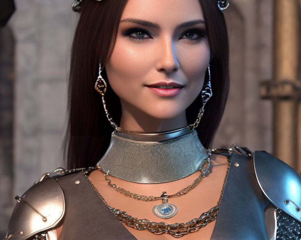 Dark-haired woman in medieval armor with necklace and headpiece on stone background