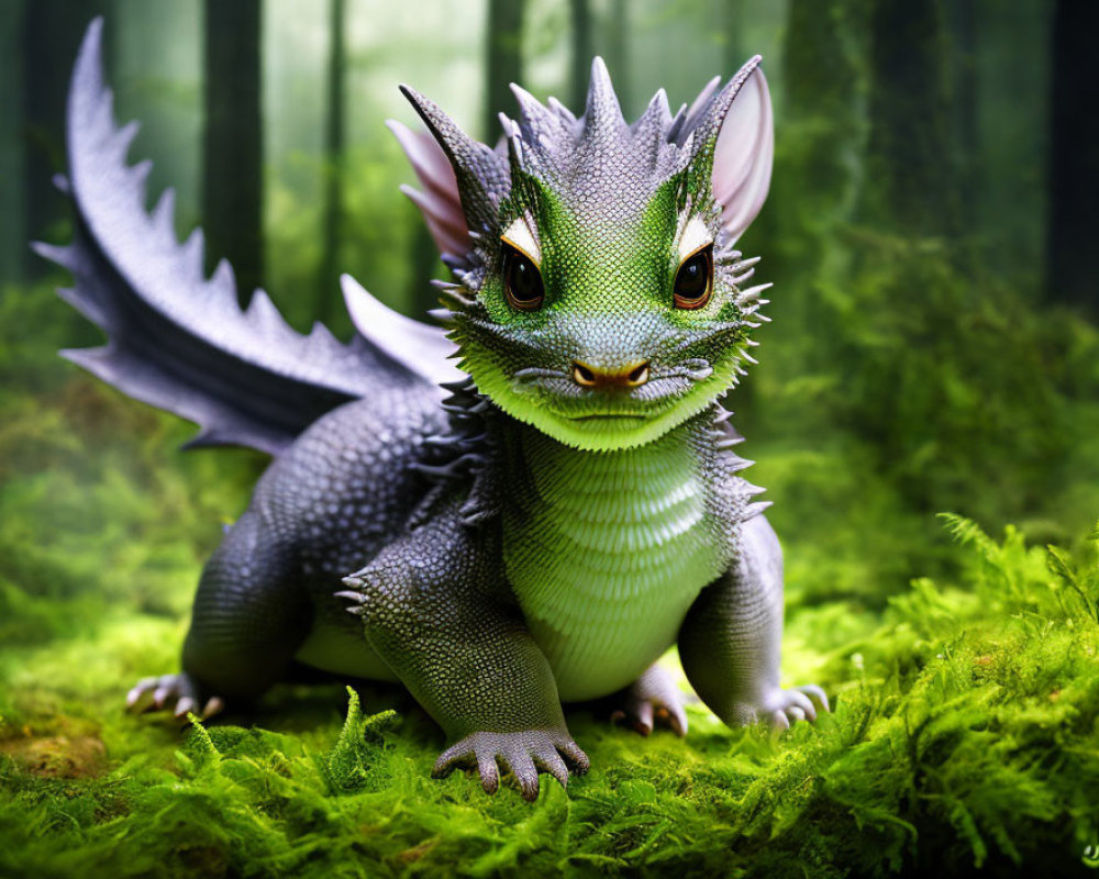 Green-eyed dragon with spikes and wings in forest setting